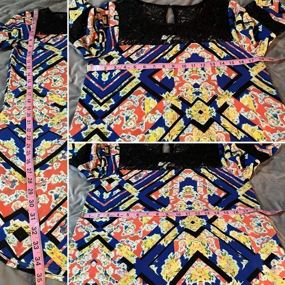 Socialite Watercolor Floral Geometric Black Lace Yoke Mini Dress Royal Blue S